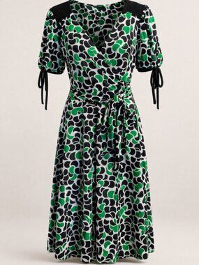 Donna Morgan Green Black Faux Wrap Midi Dress Geometric Print Puff Sleeve Belted